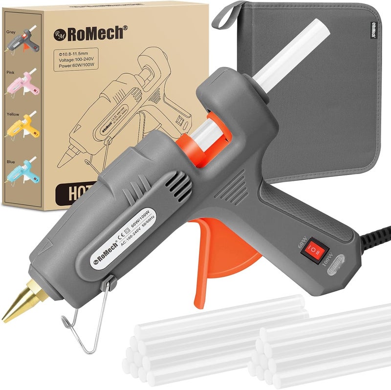 ROMECH Full Size Hot Glue Gun with 60/100W Dual Power and 21 Hot Glue Sticks (7/16"), Fast Preheating Heavy Duty Industrial Gluegun with Storage Case for Crafting, DIY and Repairs (Gray) - Image 1